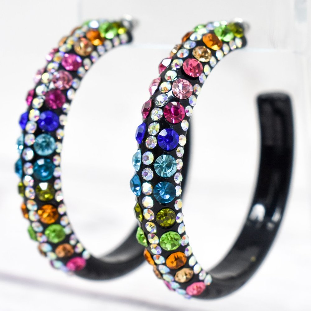 2.5" Black Lucite Multicolor 5 Row Hoop Earrings